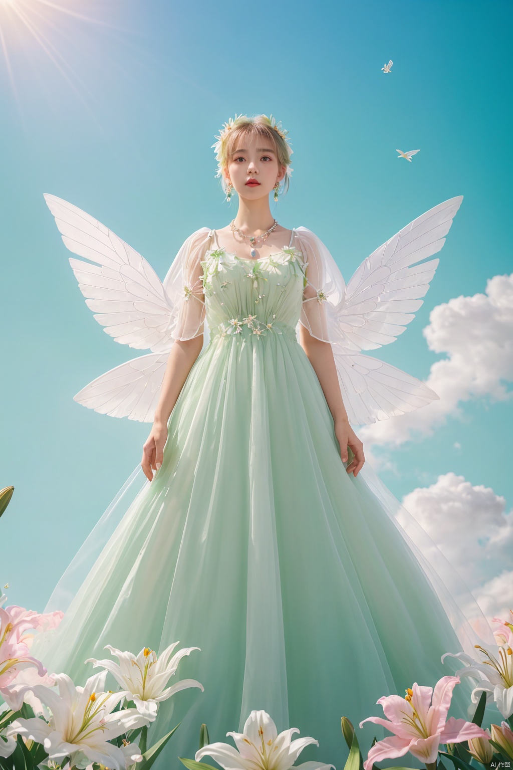  Quality, 8K, extremely intricate details, 1 girl, Lolita, gradient color, careful eyes, transparent wings, gradient art, in the flowers, (huge lily :1.1), sky, (White cloud :0.9), full lens, necklace, pearls and jewelry, 1 girl, flowing dress, light green dress, huge flowers, wide Angle, hdr