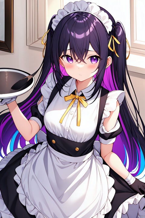 1girl, solo, long hair, looking at viewer, bangs, black hair, gloves, dress, ribbon, hair between eyes, closed mouth, purple eyes, purple hair, flower, multicolored hair, frills, black gloves, hand up, apron, black dress, two-tone hair, maid, maid headdress, neck ribbon, one side up, bandages, white flower, white apron, maid apron, frilled apron, yellow ribbon, colored inner hair, bandaged arm, collared dress