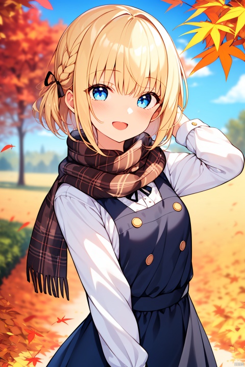 1girl, solo, looking at viewer, blush, smile, short hair, open mouth, bangs, blue eyes, blonde hair, shirt, long sleeves, dress, ribbon, holding, hair ribbon, white shirt, braid, :d, outdoors, teeth, sleeveless, scarf, blurry, plaid, black ribbon, sleeveless dress, blurry background, leaf, upper teeth only, pinafore dress, autumn leaves, maple leaf, plaid scarf, autumn, brown scarf, holding leaf