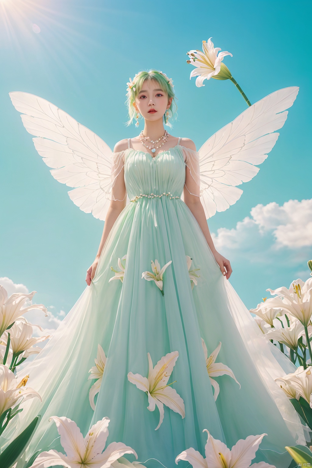  Quality, 8K, extremely intricate details, 1 girl, Lolita, gradient color, careful eyes, transparent wings, gradient art, in the flowers, (huge lily :1.1), sky, (White cloud :0.9), full lens, necklace, pearls and jewelry, 1 girl, flowing dress, light green dress, huge flowers, wide Angle, hdr