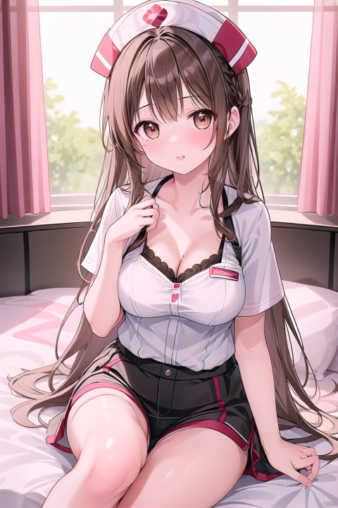 1girl, solo, long hair, breasts, looking at viewer, blush, bangs, large breasts, brown hair, hat, cleavage, brown eyes, sitting, underwear, collarbone, short sleeves, thighs, parted lips, shorts, indoors, bra, mole, lips, pillow, short shorts, bed, on bed, black bra, mole on breast, white shorts, nurse cap, nurse