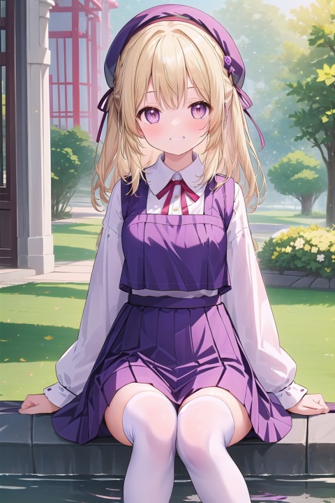 1girl, solo, looking at viewer, blush, smile, bangs, skirt, blonde hair, shirt, thighhighs, long sleeves, hat, ribbon, sitting, hair ribbon, yellow eyes, white shirt, sidelocks, pleated skirt, outdoors, day, wide sleeves, medium hair, water, grin, vest, white thighhighs, red ribbon, blue skirt, sleeves past wrists, black headwear, feet out of frame, skirt set, sleeves past fingers, purple skirt, stairs, brown headwear, torii, midriff peek, soaking feet, purple vest, frog print, moriya suwako