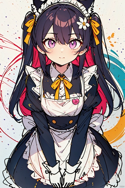  1girl, solo, long hair, looking at viewer, bangs, black hair, gloves, dress, ribbon, hair between eyes, closed mouth, purple eyes, purple hair, flower, multicolored hair, frills, black gloves, hand up, apron, black dress, two-tone hair, maid, maid headdress, neck ribbon, one side up, bandages, white flower, white apron, maid apron, frilled apron, yellow ribbon, colored inner hair, bandaged arm, collared dress, pink fantasy, jinlanshan, lbb, JHJH,((masterpiece)), ((best quality)), ((illustration)), extremely detailed, fensehuanxiang,pink fantasy,cat,abstract background,yellow and purple, Cluttered lines