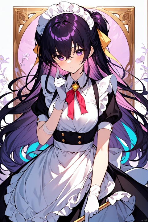  1girl, solo, long hair, looking at viewer, bangs, black hair, gloves, dress, ribbon, hair between eyes, closed mouth, purple eyes, purple hair, flower, multicolored hair, frills, black gloves, hand up, apron, black dress, two-tone hair, maid, maid headdress, neck ribbon, one side up, bandages, white flower, white apron, maid apron, frilled apron, yellow ribbon, colored inner hair, bandaged arm, collared dress, pink fantasy, jinlanshan, lbb, JHJH,((masterpiece)), ((best quality)), ((illustration)), extremely detailed, fensehuanxiang,pink fantasy,cat,abstract background,yellow and purple