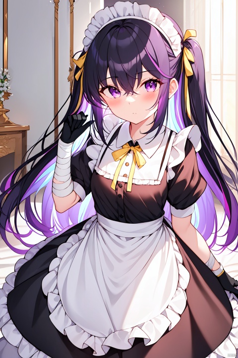  1girl, solo, long hair, looking at viewer, bangs, black hair, gloves, dress, ribbon, hair between eyes, closed mouth, purple eyes, purple hair, flower, multicolored hair, frills, black gloves, hand up, apron, black dress, two-tone hair, maid, maid headdress, neck ribbon, one side up, bandages, white flower, white apron, maid apron, frilled apron, yellow ribbon, colored inner hair, bandaged arm, collared dress, pink fantasy, jinlanshan, lbb, JHJH