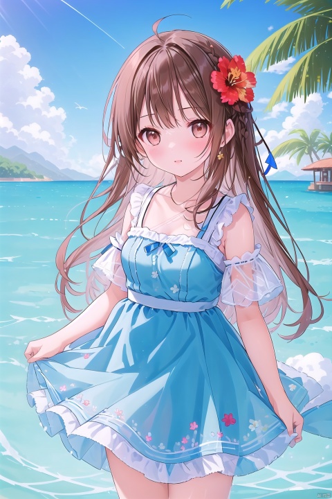 1girl, solo, long hair, breasts, looking at viewer, blush, bangs, brown hair, hair ornament, dress, ribbon, cleavage, bare shoulders, brown eyes, jewelry, medium breasts, very long hair, standing, collarbone, hair ribbon, braid, flower, ahoge, cowboy shot, earrings, outdoors, parted lips, sky, sleeveless, day, cloud, hair flower, water, tree, see-through, sleeveless dress, blue dress, ocean, red flower, palm tree, hibiscus