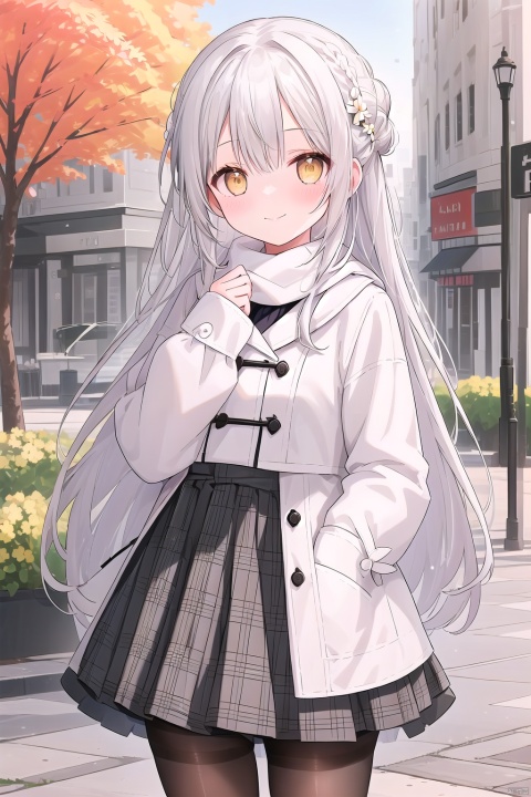 1girl, solo, long hair, looking at viewer, blush, smile, bangs, skirt, hair ornament, long sleeves, hair between eyes, very long hair, closed mouth, standing, jacket, yellow eyes, braid, flower, white hair, grey hair, pantyhose, cowboy shot, pleated skirt, outdoors, day, puffy sleeves, hair flower, black skirt, bag, hair bun, scarf, tree, coat, sleeves past wrists, plaid, black pantyhose, hands up, plaid skirt, single hair bun, white jacket, white flower, puffy long sleeves, brown pantyhose, shoulder bag, white coat, white scarf, single side bun