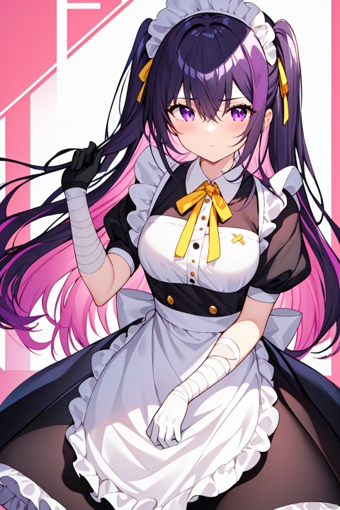  1girl, solo, long hair, looking at viewer, bangs, black hair, gloves, dress, ribbon, hair between eyes, closed mouth, purple eyes, purple hair, flower, multicolored hair, frills, black gloves, hand up, apron, black dress, two-tone hair, maid, maid headdress, neck ribbon, one side up, bandages, white flower, white apron, maid apron, frilled apron, yellow ribbon, colored inner hair, bandaged arm, collared dress, pink fantasy, jinlanshan, lbb, JHJH,((masterpiece)), ((best quality)), ((illustration)), extremely detailed, fensehuanxiang,pink fantasy,cat,abstract background,yellow and purple