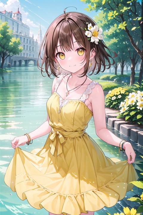 1girl, solo, breasts, looking at viewer, blush, smile, short hair, bangs, brown hair, hair ornament, dress, jewelry, medium breasts, closed mouth, standing, collarbone, yellow eyes, flower, earrings, small breasts, outdoors, sleeveless, hair flower, water, necklace, bracelet, tree, sleeveless dress, white flower, yellow flower, skirt hold, yellow dress, masterpiece