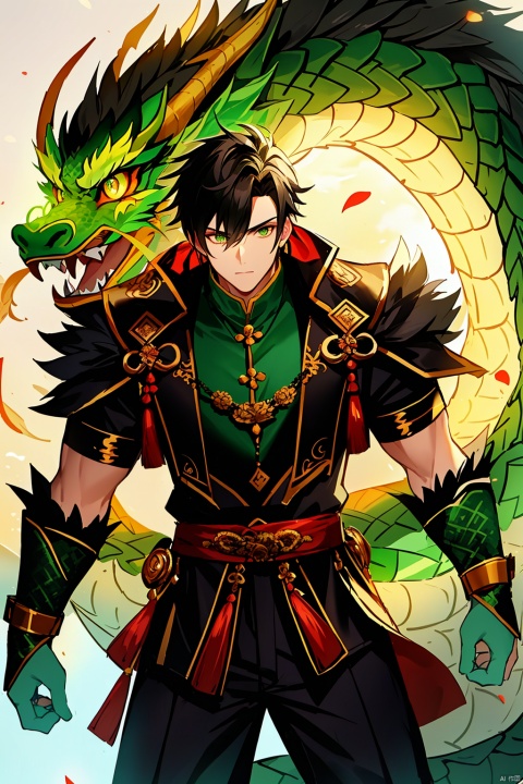  looking at viewer, black hair, 1boy, green eyes, male focus, glowing, monster, dragon, eastern dragon