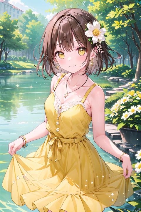 1girl, solo, breasts, looking at viewer, blush, smile, short hair, bangs, brown hair, hair ornament, dress, jewelry, medium breasts, closed mouth, standing, collarbone, yellow eyes, flower, earrings, small breasts, outdoors, sleeveless, hair flower, water, necklace, bracelet, tree, sleeveless dress, white flower, yellow flower, skirt hold, yellow dress, masterpiece