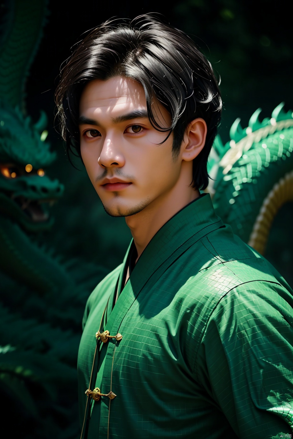  looking at viewer, black hair, 1boy, green eyes, male focus, glowing, monster, dragon, eastern dragon