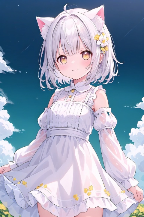1girl, solo, looking at viewer, blush, smile, short hair, bangs, hair ornament, long sleeves, dress, animal ears, closed mouth, standing, yellow eyes, braid, flower, ahoge, white hair, cowboy shot, outdoors, detached sleeves, sky, sleeveless, day, puffy sleeves, cloud, cat ears, hair flower, white dress, tree, animal ear fluff, see-through, sleeveless dress, white flower, cat girl, extra ears, white sleeves, yellow flower, skirt hold, see-through sleeves