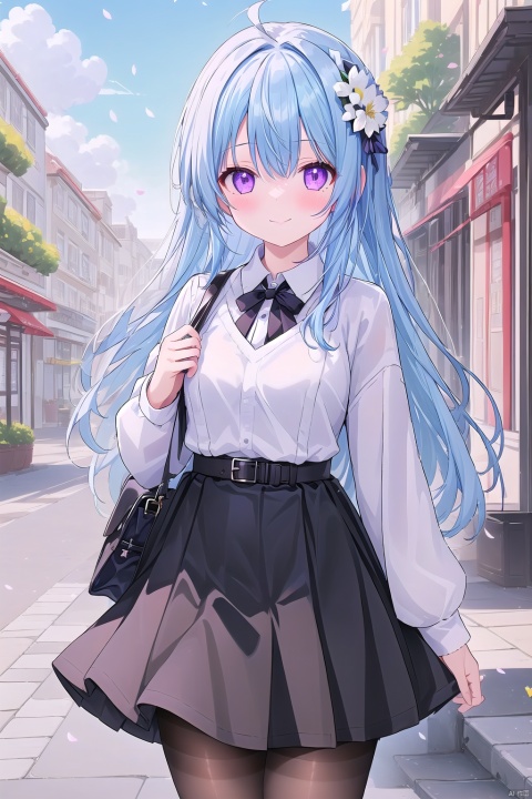 1girl, solo, long hair, breasts, looking at viewer, blush, smile, bangs, skirt, shirt, long sleeves, holding, hair between eyes, medium breasts, closed mouth, blue hair, standing, purple eyes, white shirt, flower, ahoge, pantyhose, cowboy shot, pleated skirt, outdoors, food, horns, sky, alternate costume, day, belt, cloud, black skirt, bag, sweater, blue sky, black pantyhose, petals, holding food, white flower, building, black belt, brown pantyhose, handbag, shoulder bag, ice cream, white sweater, bench, goat horns, ice cream cone, ganyu \(genshin impact\)