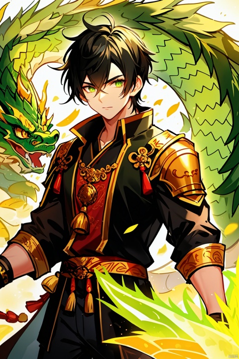  looking at viewer, black hair, 1boy, green eyes, male focus, glowing, monster, dragon, eastern dragon