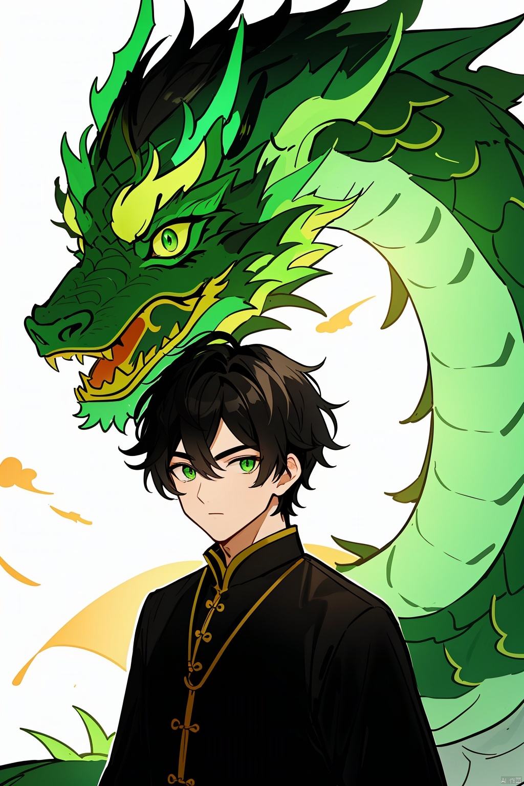  looking at viewer, black hair, 1boy, green eyes, male focus, glowing, monster, dragon, eastern dragon