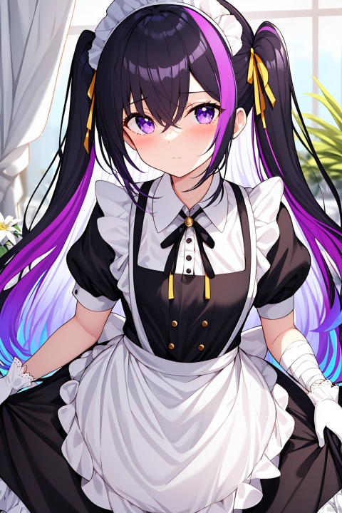 1girl, solo, long hair, looking at viewer, bangs, black hair, gloves, dress, ribbon, hair between eyes, closed mouth, purple eyes, purple hair, flower, multicolored hair, frills, black gloves, hand up, apron, black dress, two-tone hair, maid, maid headdress, neck ribbon, one side up, bandages, white flower, white apron, maid apron, frilled apron, yellow ribbon, colored inner hair, bandaged arm, collared dress