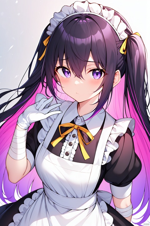  1girl, solo, long hair, looking at viewer, bangs, black hair, gloves, dress, ribbon, hair between eyes, closed mouth, purple eyes, purple hair, flower, multicolored hair, frills, black gloves, hand up, apron, black dress, two-tone hair, maid, maid headdress, neck ribbon, one side up, bandages, white flower, white apron, maid apron, frilled apron, yellow ribbon, colored inner hair, bandaged arm, collared dress, pink fantasy, jinlanshan, lbb, JHJH