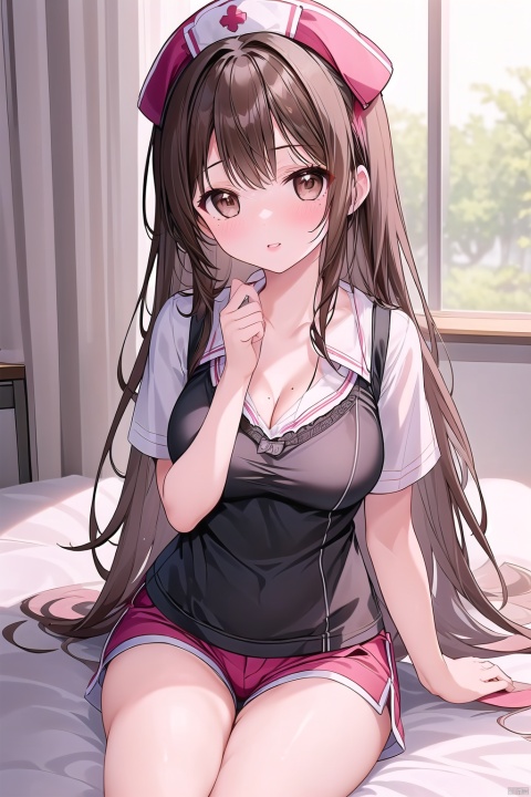 1girl, solo, long hair, breasts, looking at viewer, blush, bangs, large breasts, brown hair, hat, cleavage, brown eyes, sitting, underwear, collarbone, short sleeves, thighs, parted lips, shorts, indoors, bra, mole, lips, pillow, short shorts, bed, on bed, black bra, mole on breast, white shorts, nurse cap, nurse