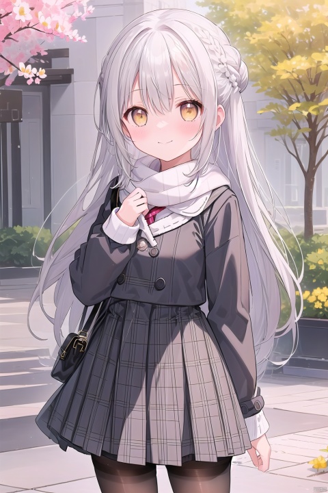 1girl, solo, long hair, looking at viewer, blush, smile, bangs, skirt, hair ornament, long sleeves, hair between eyes, very long hair, closed mouth, standing, jacket, yellow eyes, braid, flower, white hair, grey hair, pantyhose, cowboy shot, pleated skirt, outdoors, day, puffy sleeves, hair flower, black skirt, bag, hair bun, scarf, tree, coat, sleeves past wrists, plaid, black pantyhose, hands up, plaid skirt, single hair bun, white jacket, white flower, puffy long sleeves, brown pantyhose, shoulder bag, white coat, white scarf, single side bun