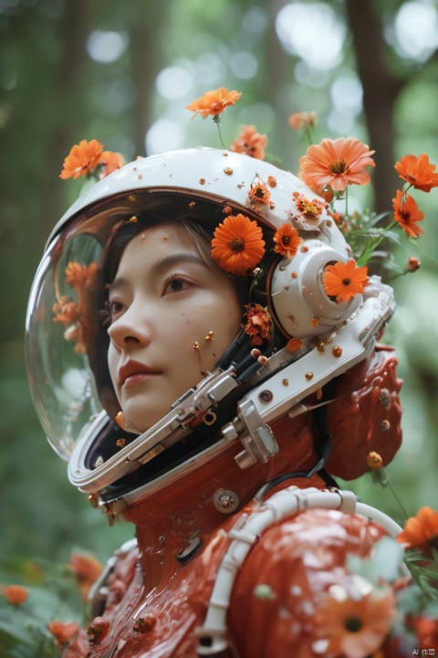  cinematic photo, perfectly centered girl portrait detailed astronaut with flowers explosion helmets,anatomical drawing,dripping paint,coquelicot color,volumetric lighting,unreal engine,blender model,3d model,incredible bokeh . 35mm photograph,film,bokeh,professional,4k,highly detailed,