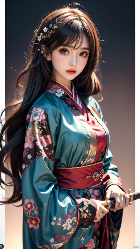  1 girl, holding a Japanese sword, not looking at the camera, three-dimensional facial features, Asian face, bangs, long hair, solo, blue eyes, holding, glow, robot, mecha, science fiction, open_ Hand, movie lighting, strong contrast, high level of detail, best quality, masterpiece, spirit, crystal_ Dress, crystal, with white, blue, and silver as the main color tones Kimono, Hanfu, clouds, with a background of an Eastern dragon (with high-precision details)., long, Chinese style, sdmai