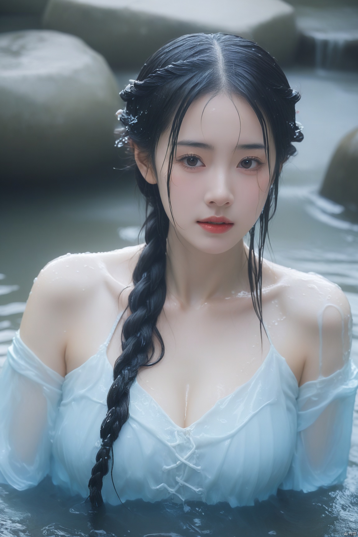  arien_hanfu,She is only forty-six years old, Getting wet, soaking through,A stunning young girl,gigantic breasts,dream,twin_braids,Wet hair,she hair is soaked through,crying,milk on face,Hair_dripping,face_dripping, MAJICMIX STYLE