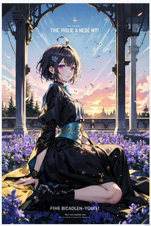 1girl,looking at viewer,solo,short hair,black hair,ahoge,hairclip,hair ornament,purple eyes,,Komachi_CYQL,(tearing_up,straddling,panorama,from_side:1.1),Velvet wrap dress, ankle boots, metallic clutch, chandelier earrings, red lipstick,beautiful face,beautiful eyes,glossy skin,shiny skin,Lavender, Fields, Purple, Fragrance, Bees, Horizon, Serenity, Sunset,Bluebell flowers, Ancient oaks, Blue carpet, Tranquil woodland, Speckled sunlight, Bumblebees,beautiful detailed sky,beautiful detailed glow,(movie poster:1.2),(border:1.3),(English text:1.4),posing in front of a colorful and dynamic background,masterpiece,best quality,beautiful and aesthetic,contrapposto,female focus,fine fabric emphasis,wallpaper,fashion,intricate detail,finely detailed,fine fabricemphasis,glossy,,