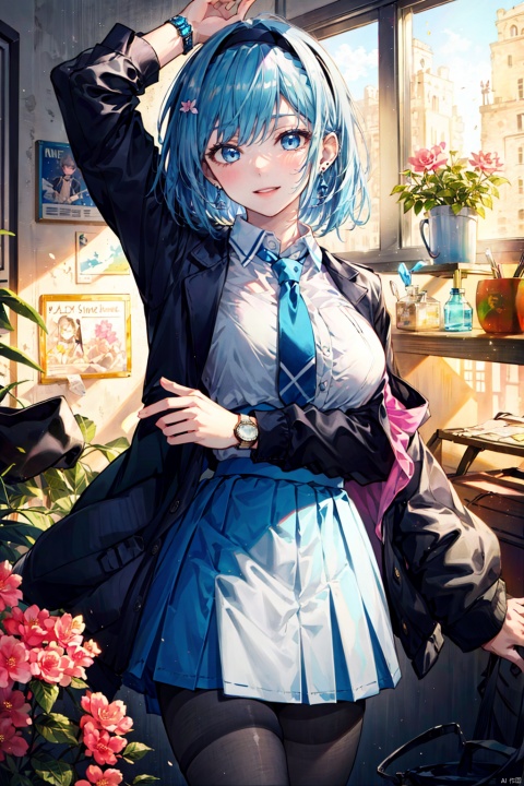 1girl, solo, breasts, looking at viewer, smile, short hair, bangs, blue eyes, skirt, large breasts, shirt, long sleeves, holding, jewelry, school uniform, blue hair, standing, jacket, white shirt, flower, pantyhose, cowboy shot, pleated skirt, hairband, earrings, parted lips, necktie, alternate costume, striped, collared shirt, indoors, virtual youtuber, black skirt, arm up, book, black pantyhose, window, dress shirt, headband, chain, hair intakes, plant, pink flower, holding book, arm behind back, watch, blue necktie, clock, jacket removed, ceiling light, bow earrings, holding jacket, ouro kronii