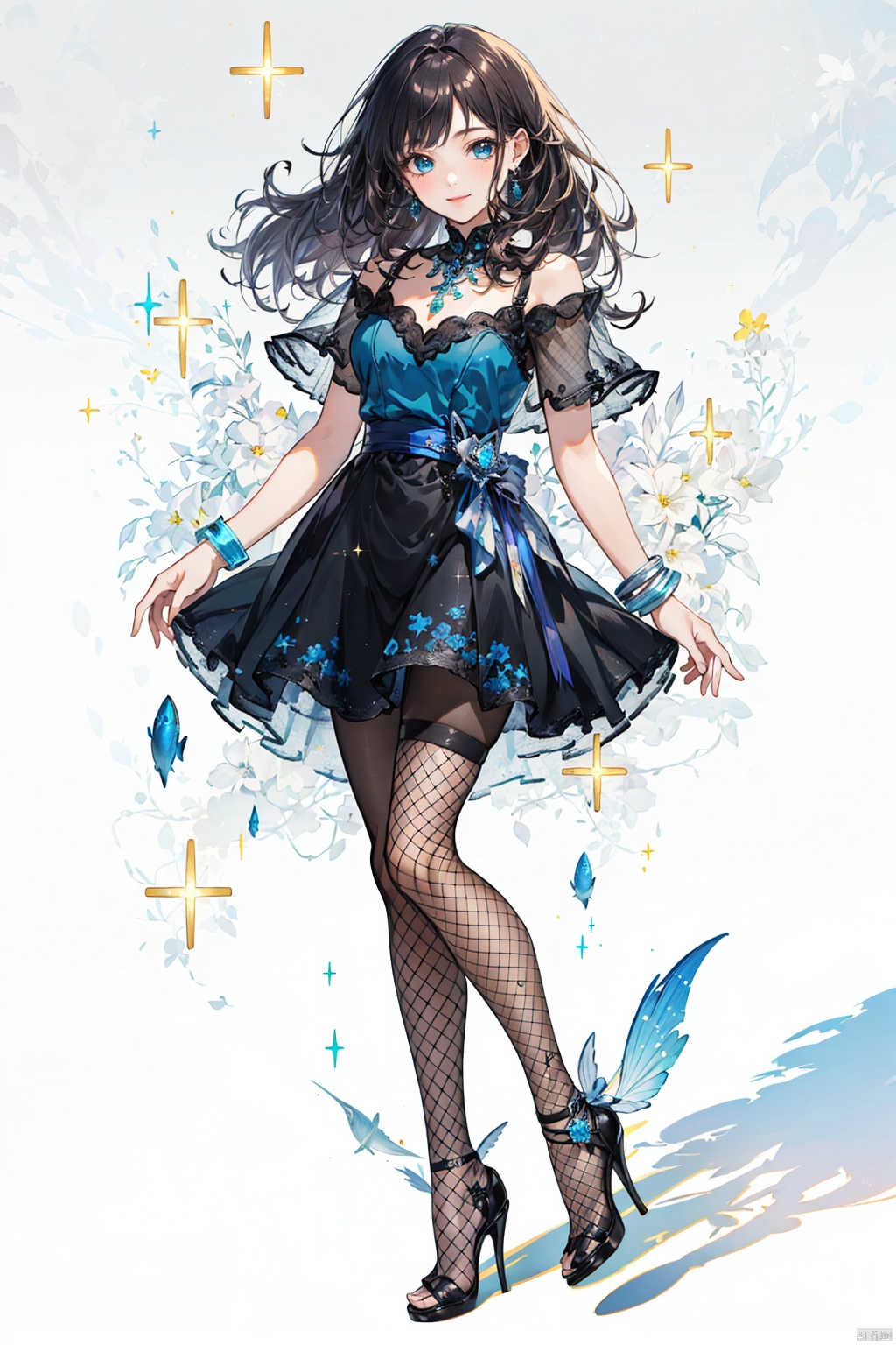 TT,1girl,Masterpiece, best quality, ultra-high resolution, realism, lifelike, original photo, real person, photo),(amazing, fine details, an extremely delicate and beautiful concept art), complex details, professional, official art, 1 girl, long curly hair, thighs, full body, sexy:, summer dress, (print, sparkle: 1.2), mellow, (modern fashion background: 1.2), gorgeous, JoJo pose, ring, earrings, necklace, bracelet, closed smile, (neon: 1.2), low shutter, the most beautiful artwork in the world, aesthetics, atmosphere, dynamic angle, (fishnet pantyhose, high heels: 1.3),(masterpiece, top quality, best quality, official art, beauty and aesthetics: 1.2),(1 girl), extreme detail, (fractal art: 1.3) color, highest detail, , (tutututu), depth of field