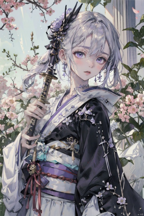 1girl, purple hair, dark purple hair, purple clip on hair, wearing Japanese clothes, Japanese clothes, purple and white Japanese clothes, holding a sword, holding a purple shiny sword, glowing purple sword, Japanese type sword, background charry blossom trees, beautiful pinkish charry blossom trees, dark purple sky, look at the view, lora:more_details:0.5, vibrant colors, masterpiece, sharp focus, best quality, depth of field, cinematic lighting, lora:more_details:0.5, （\personality\）, mjiaocha