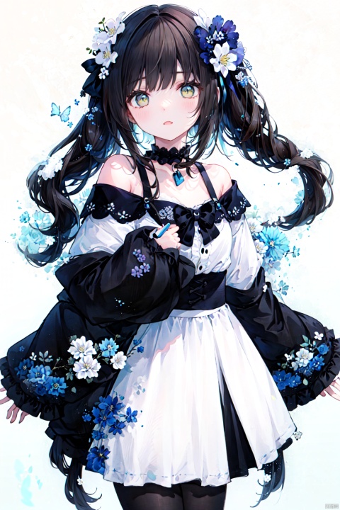 (masterpiece), (best quality), illustration, ultra detailed, hdr, Depth of field, (colorful),[[sheya]],hiten_(hitenkei),[Nachoneko], 1girl, solo, white background, twin braids, flower, braid, holding, hair ornament, hair flower, collarbone, looking at viewer, simple background, long hair, bare shoulders, wide sleeves, brown hair, off shoulder, off-shoulder shirt, long sleeves, yellow eyes, frills, white shirt, shirt, blush, parted lips, collar, twintails, choker, dress, open mouth, skirt, white flower, cowboy shot, black hair, standing