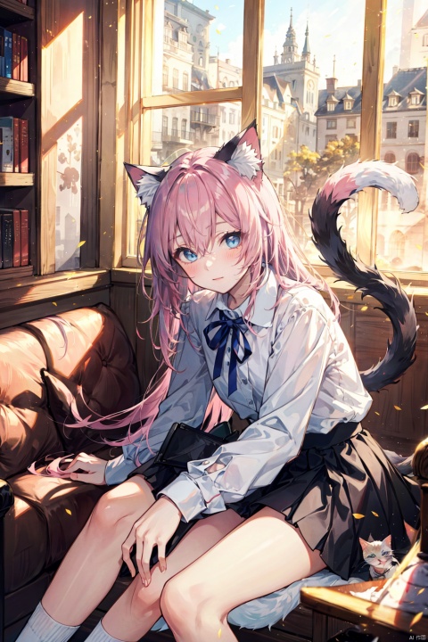 1girl, animal ears, pink hair, cat ears, solo, skirt, blue eyes, shirt, long hair, tail, white shirt, animal ear fluff, white socks, cat tail, censored, sitting, socks, window, cat girl, knees together feet apart, pleated skirt, long sleeves, indoors, looking at viewer, blush, knees up, feet out of frame, collared shirt, bangs, black skirt, very long hair, bar censor, hair between eyes, closed mouth, ribbon