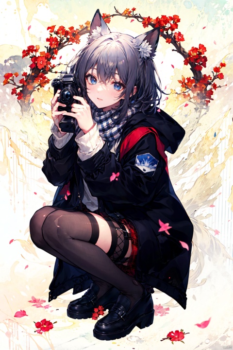 1girl, solo, long hair, looking at viewer, blush, smile, bangs, thighhighs, long sleeves, holding, closed mouth, jacket, full body, white shirt, pleated skirt, shoes, black thighhighs, scarf, black footwear, zettai ryouiki, plaid, petals, animal, plaid skirt, squatting, blue jacket, cherry blossoms, loafers, camera, holding camera