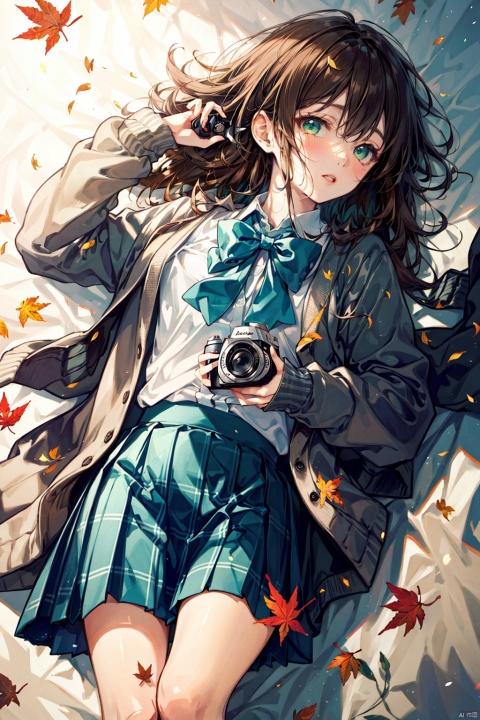 (masterpiece), (best quality), illustration, ultra detailed, hdr, Depth of field, (colorful),1girl, solo, holding camera, camera, skirt, holding, bow, lying, brown hair, bowtie, on back, looking at viewer, school uniform, cardigan, plaid, leaf, long hair, blush, green bow, bangs, long sleeves, autumn leaves, plaid skirt, parted lips, green eyes, shirt, green bowtie, white shirt, collared shirt, pleated skirt, autumn, blue skirt, blurry, outdoors