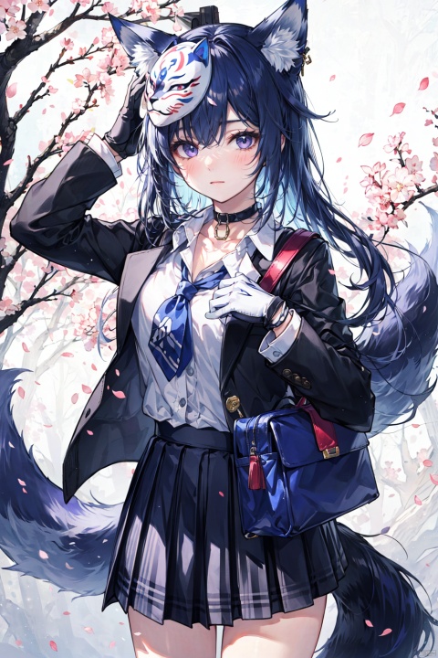 1girl, solo, long hair, breasts, looking at viewer, blush, bangs, skirt, shirt, gloves, long sleeves, animal ears, very long hair, closed mouth, school uniform, blue hair, purple eyes, collarbone, jacket, tail, white shirt, multicolored hair, cowboy shot, pleated skirt, open clothes, choker, black gloves, bag, open jacket, blue skirt, plaid, fox ears, mask, plaid skirt, blazer, blue jacket, cherry blossoms, school bag, shoulder bag, mask on head, fox mask, Ink scattering_Chinese style