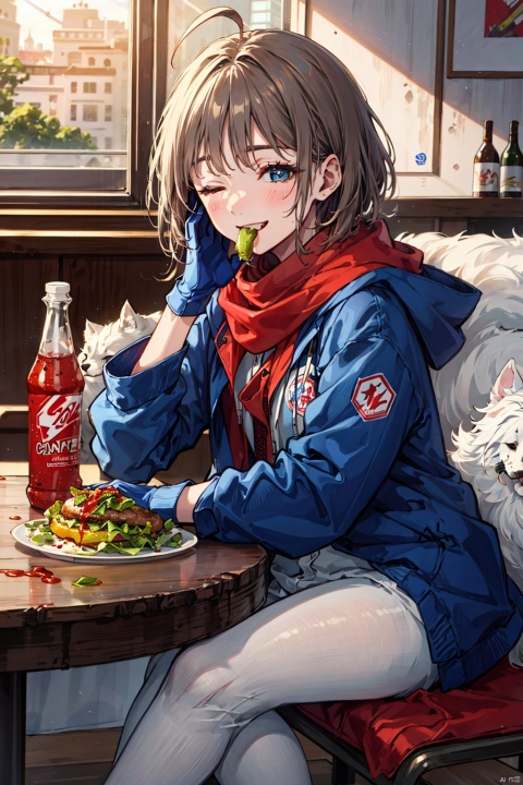 (detailed eyes, detailed face, detailed skin),masterpiece, (best quality, ultra-detailed,insanely detailed:1.2), (ultra high res,sharp focus,perfect anatomy,cel animation,fantastic illumination), super fine, anime beautiful girl,dynamic pose,1girl,ahoge,arm on table,bar (place),blue hood,blue jacket,blue shirt,blue sleeves,bright pupils,brown hair,burger,clenched hands,closed eyes,dog,eating,eyelashes,fire,food,gloves,grin,hand on own cheek,hand on own face,hood,hood down,hooded jacket,indoors,jacket,ketchup,ketchup bottle,lettuce,long sleeves,one eye closed,red gloves,red scarf,scarf,scroll,shirt,short hair,skeleton,smile,tomato,tomato slice,white pupils,white shirt, white pantyhose