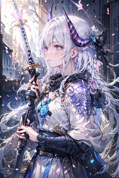 long hair, blue eyes, multiple girls, hat, 2girls, purple eyes, upper body, weapon, white hair, parted lips, horns, sword, pink eyes, holding weapon, armor, looking at another, black headwear, profile, glowing, holding sword, shoulder armor, blue fire