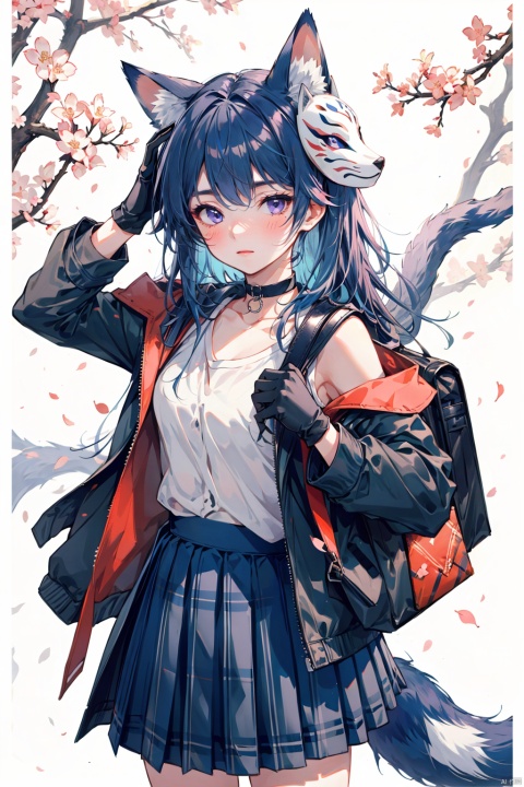 1girl, solo, long hair, breasts, looking at viewer, blush, bangs, skirt, shirt, gloves, long sleeves, animal ears, very long hair, closed mouth, school uniform, blue hair, purple eyes, collarbone, jacket, tail, white shirt, multicolored hair, cowboy shot, pleated skirt, open clothes, choker, black gloves, bag, open jacket, blue skirt, plaid, fox ears, mask, plaid skirt, blazer, blue jacket, cherry blossoms, school bag, shoulder bag, mask on head, fox mask, Ink scattering_Chinese style, (\ji jian\), 1girl