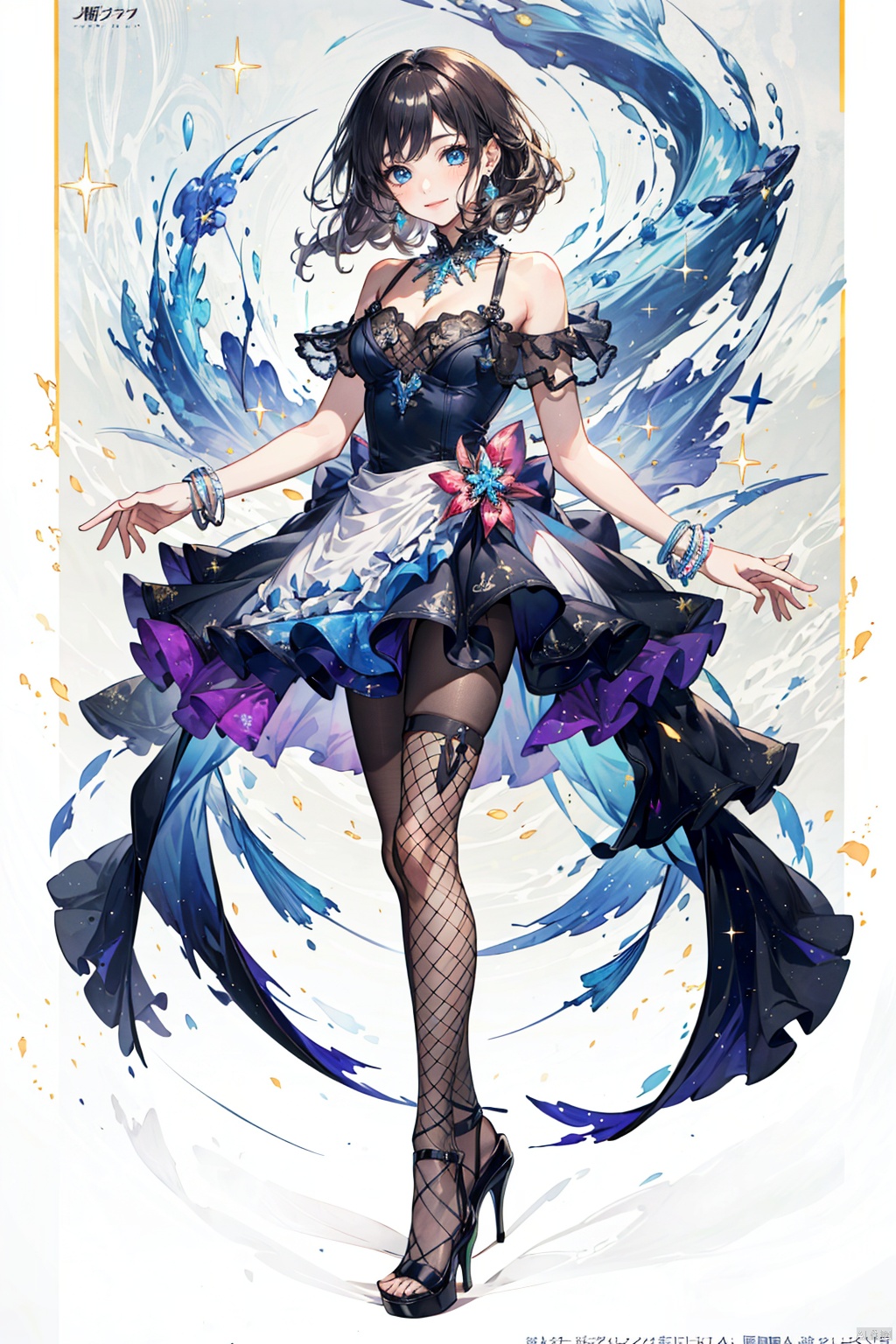 TT,1girl,Masterpiece, best quality, ultra-high resolution, realism, lifelike, original photo, real person, photo),(amazing, fine details, an extremely delicate and beautiful concept art), complex details, professional, official art, 1 girl, long curly hair, thighs, full body, sexy:, summer dress, (print, sparkle: 1.2), mellow, (modern fashion background: 1.2), gorgeous, JoJo pose, ring, earrings, necklace, bracelet, closed smile, (neon: 1.2), low shutter, the most beautiful artwork in the world, aesthetics, atmosphere, dynamic angle, (fishnet pantyhose, high heels: 1.3),(masterpiece, top quality, best quality, official art, beauty and aesthetics: 1.2),(1 girl), extreme detail, (fractal art: 1.3) color, highest detail, , (tutututu), depth of field