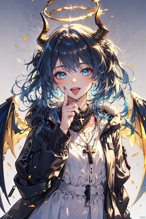 1girl, mostima \(arknights\), solo, horns, halo, long hair, blue hair, fur trim, blue eyes, shirt, cross necklace, white shirt, necklace, jewelry, long sleeves, open clothes, open coat, coat, fur-trimmed coat, upper body, blue tongue, black coat, cross, blue nails, simple background, grey background, bangs, collarbone, nail polish, hand up, gradient background, gradient, black jacket, looking at viewer, tongue, jacket, colored tongue, smile, hood, tongue out, demon horns, finger to mouth, (\ji jian\), (\shen ming shao nv\), (\MBTI\), jiqing, babata, 1girl,wings