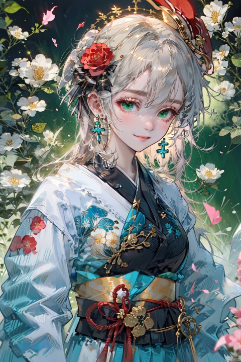 1girl, solo, noelle \(genshin impact\), hair ornament, flower, green eyes, braid, hair flower, looking at viewer, red flower, smile, hand fan, kimono, japanese clothes, jewelry, earrings, short hair, rose, holding, bangs, cross, closed mouth, upper body, white hair, long sleeves, red rose, braided bangs, holding fan, wide sleeves, cross earrings, petals, black dress, red background