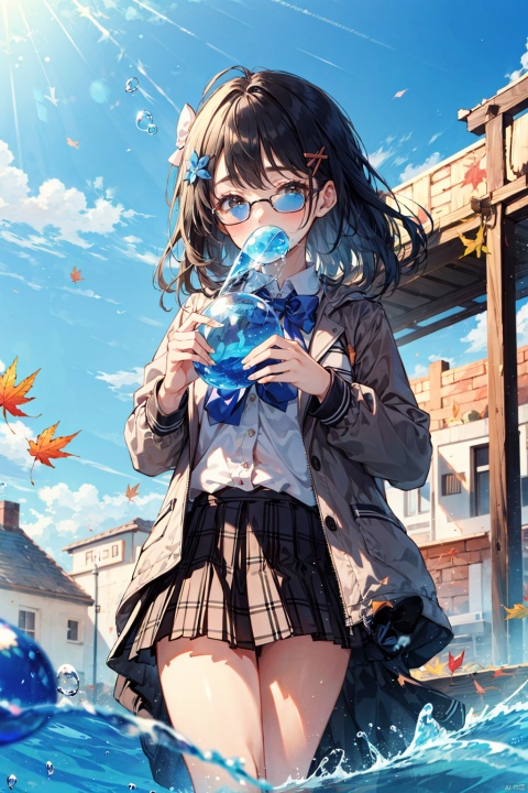 1girl, air_bubble, autumn_leaves, black_hair, blue_bow, blue_sky, blush, bow, bowtie, breasts, brown_eyes, bubble, cloud, day, eyebrows_visible_through_hair, flower, hair_ornament, hairclip, holding, jacket, long_hair, looking_at_viewer, orange_flower, plaid, plaid_skirt, pleated_skirt, school_uniform, skirt, sky, solo, thighs, water_drop, colors