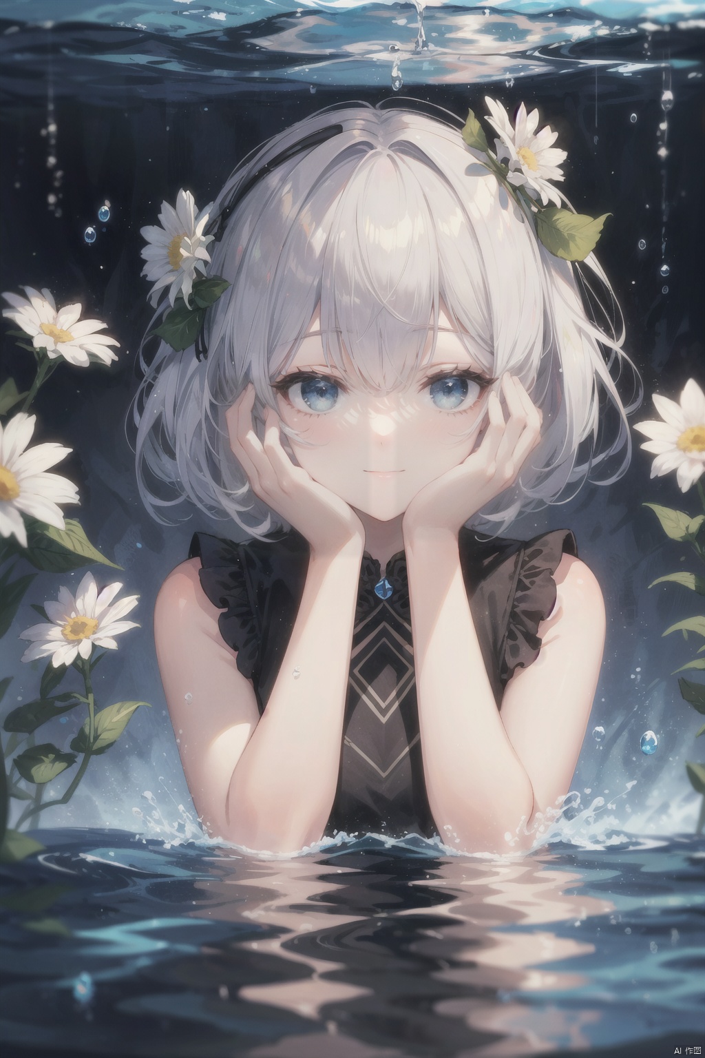masterpiece,best quality,high quality,(colorful),[Artist onineko],[Artist chen bin],[Artist agwing86],[[Artist wlop]], 1girl, solo, flower, looking at viewer, white hair, blue eyes, white flower, water, closed mouth, partially submerged, short hair, smile, head rest, ripples, hands on own face, daisy, upper body