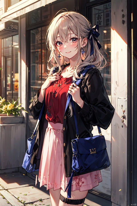 (masterpiece),(best quality),illustration,ultra detailed,hdr,Depth of field,(colorful),[Artist misumi (macaroni)],[iumu],[Artist chen bin],Artist myush, jewelry, solo, 1girl, flower, pink flower, brown hair, smile, earrings, looking at viewer, jacket, bag, long sleeves, long hair, skirt, red eyes, blush, white skirt, closed mouth, black ribbon, ribbon, shirt, holding, black jacket, ring, holding bag, hair ribbon, handbag, red flower, collarbone, vase