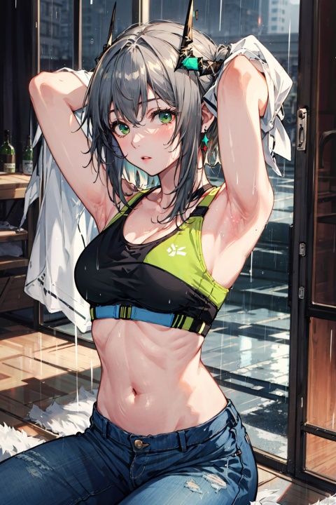 1girl, solo, long hair, breasts, black hair, navel, cleavage, brown eyes, medium breasts, sitting, midriff, pants, indoors, armpits, bra, blurry, arms up, lips, bottle, denim, arms behind head, jeans, sports bra, realistic,(rainning:1.3), , green eyes, ((poakl)), zcshinkai\(\style\), gummy_(arknights)