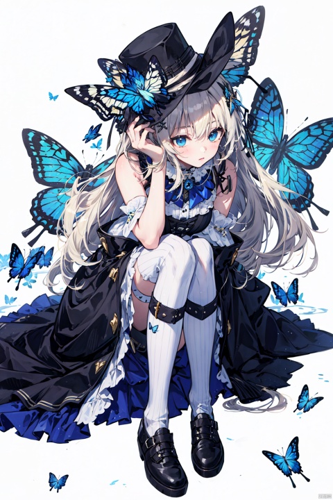 (masterpiece),(best quality),1girl, bare_shoulders, blonde_hair, blue_bow, blue_eyes, breasts, bug, butterfly, butterfly_hair_ornament, copyright_name, dress, full_body, hat, kneehighs, long_hair, looking_at_viewer, solo, striped, striped_legwear, very_long_hair, white_background
