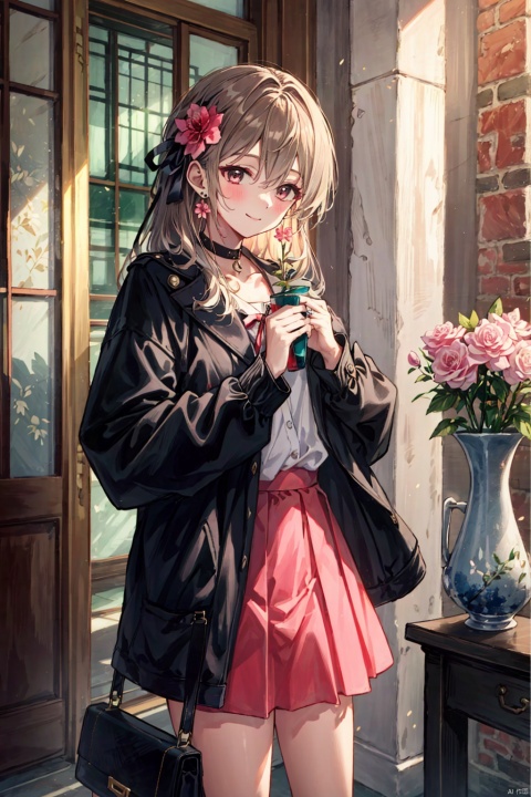 (masterpiece),(best quality),illustration,ultra detailed,hdr,Depth of field,(colorful),[Artist misumi (macaroni)],[iumu],[Artist chen bin],Artist myush, jewelry, solo, 1girl, flower, pink flower, brown hair, smile, earrings, looking at viewer, jacket, bag, long sleeves, long hair, skirt, red eyes, blush, white skirt, closed mouth, black ribbon, ribbon, shirt, holding, black jacket, ring, holding bag, hair ribbon, handbag, red flower, collarbone, vase