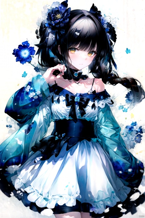 (masterpiece), (best quality), illustration, ultra detailed, hdr, Depth of field, (colorful),[[sheya]],hiten_(hitenkei),[Nachoneko], 1girl, solo, white background, twin braids, flower, braid, holding, hair ornament, hair flower, collarbone, looking at viewer, simple background, long hair, bare shoulders, wide sleeves, brown hair, off shoulder, off-shoulder shirt, long sleeves, yellow eyes, frills, white shirt, shirt, blush, parted lips, collar, twintails, choker, dress, open mouth, skirt, white flower, cowboy shot, black hair, standing