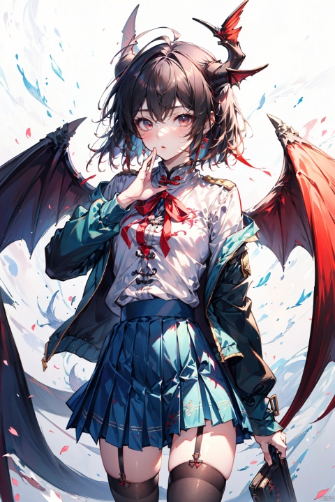(wings:1.5),1girl, ahoge, bat_wings, black_legwear, blue_jacket, blush, brown_wings, center_frills, cowboy_shot, demon_wings, dragon_girl, dragon_horns, dragon_tail, dragon_wings, frilled_shirt, frills, horns, jacket, looking_at_viewer, open_clothes, open_jacket, plaid, plaid_skirt, pleated_skirt, pointy_ears, red_ribbon, red_skirt, red_wings, ribbon, school_uniform, shirt, short_hair, simple_background, skirt, solo, tail, thighhighs, white_background, wings, zettai_ryouiki, (\shen ming shao nv\), (\ji jian\), jiqing